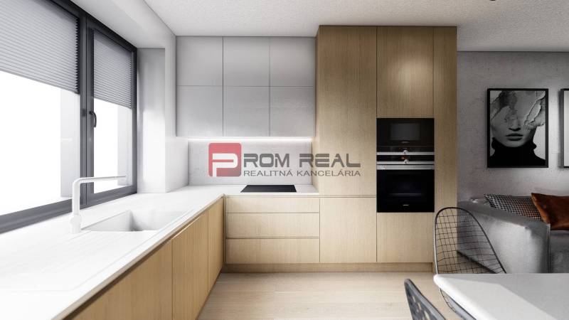 A kitchen in a 2-room apartment with built-in appliances, minimalist design, and a large window.
