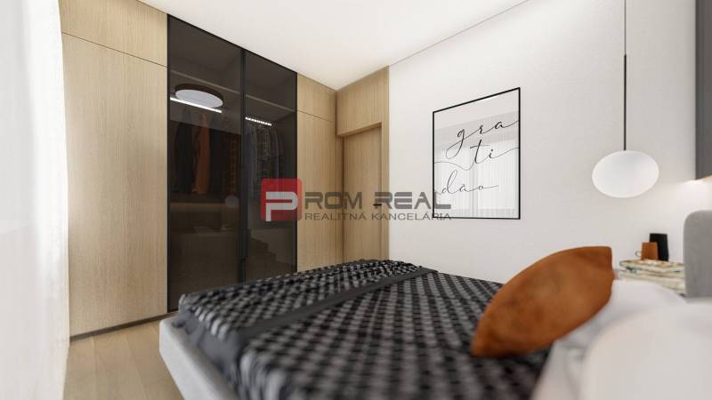 Bedroom in a 2-room apartment with a bed, wardrobe, and decorative painting.