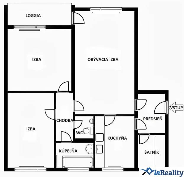 Floor plan of a 3-room apartment with a loggia, kitchen, hallway, and walk-in closet.