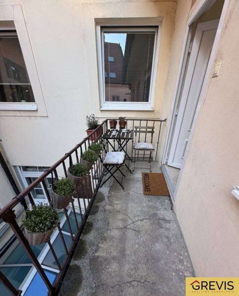 A narrow balcony with metal railings, chairs, and flower pots in a 2-room apartment.