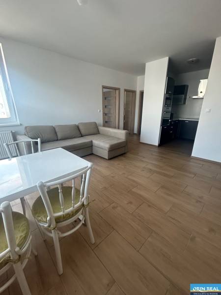 Living room in a three-room apartment with a sofa, table, and open kitchen.
