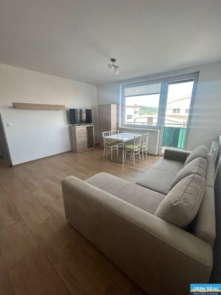 Living room in a 3-room apartment with a sofa, television, and dining table.