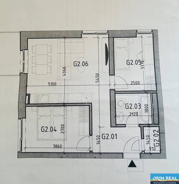 Floor plan of a 3-room apartment with a kitchen, living room, and two bedrooms.