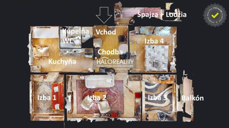 Floor plan of a 4-room apartment with a kitchen, bathroom, and balcony.
