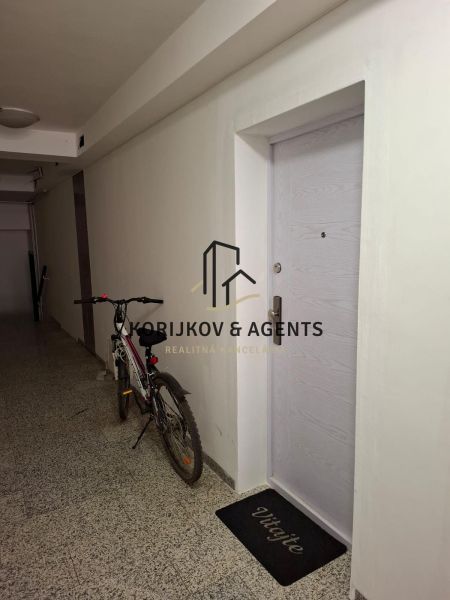 Hallway of a 2-room apartment with a bicycle and entrance door.