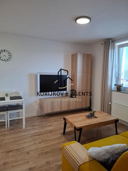 Living room with wood-patterned flooring, yellow sofa, and wall-mounted television in a two-room apartment.