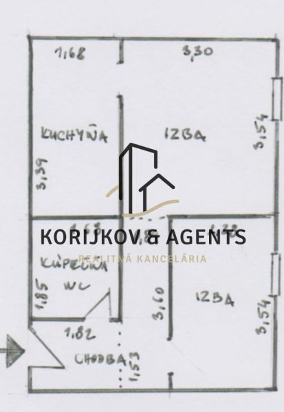 The floor plan shows the layout of a 2-room apartment with a kitchen and a bathroom.