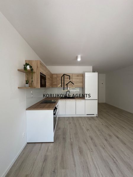 A kitchen and a floor with a wooden decor in a studio apartment.