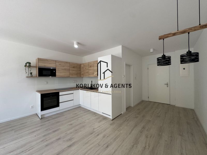 A kitchen unit with a wooden decor and black lighting fixtures in a studio apartment.
