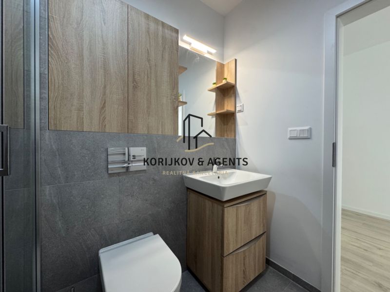 Bathroom in a studio apartment with wooden cabinets and ceramic tiles.