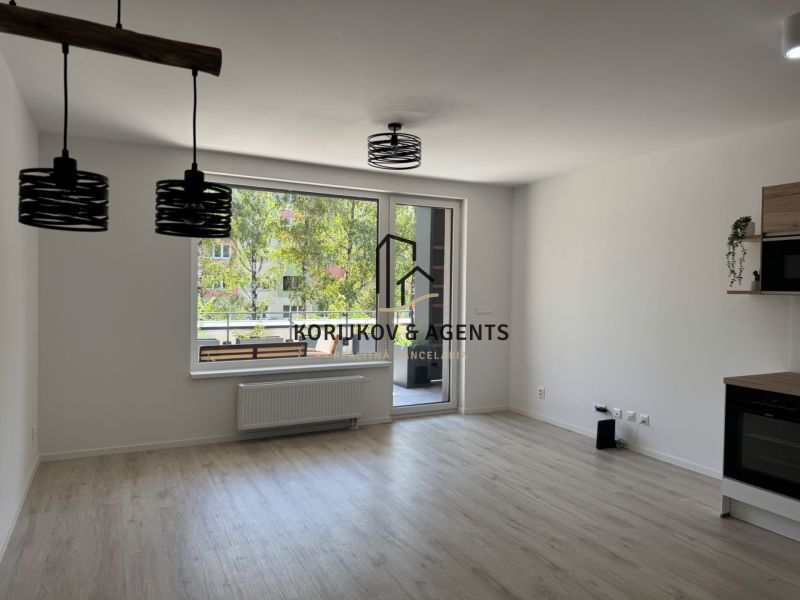 Living room in a studio apartment with wood-patterned flooring and hanging lamps.