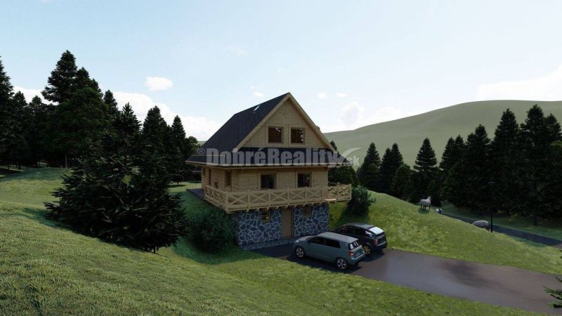 A wooden cabin with a sloped roof in the mountainous region of Kremnické Bane, suitable for living.