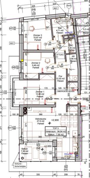 Floor plan of a 4-room apartment with flooring decor, bathrooms, kitchen, and balcony.