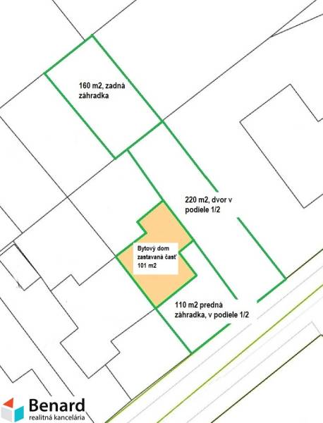 Land map with garden plots and an apartment building on Matice Slovenskej, Veľký Šariš.