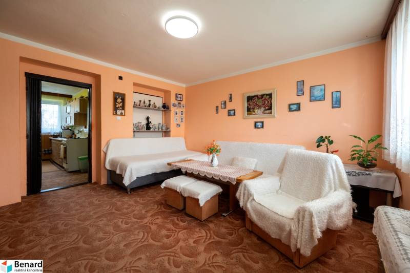 Living room in a three-room apartment with a sofa, carpet, and wall decorations.