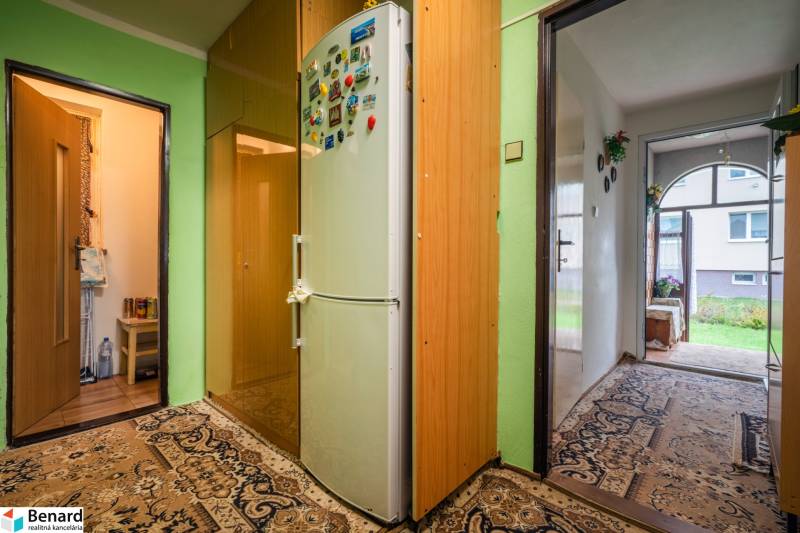 Green walls, a fridge with magnets, and carpets in a 3-room apartment with a view of the courtyard.