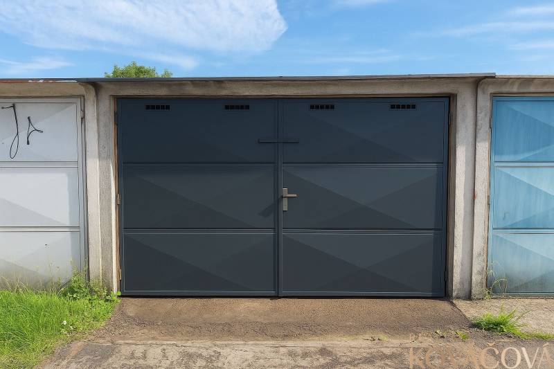 Garages on Legionárska Street in Trenčín with black and blue doors.