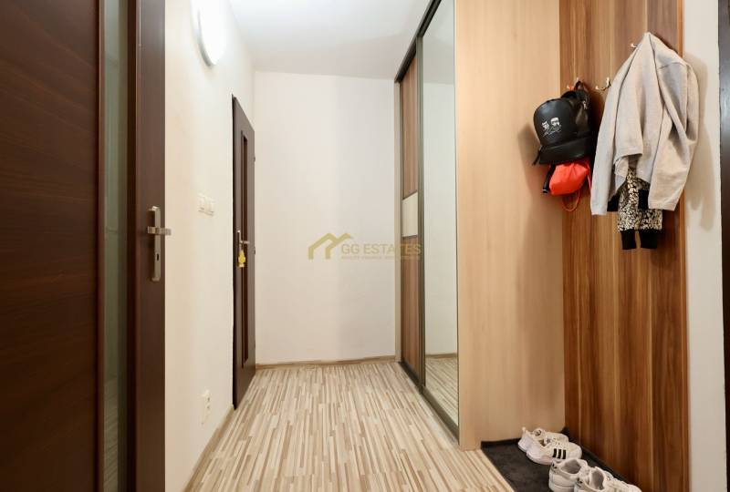 A hallway in a one-room apartment with a coat rack, a wardrobe, and a floor with a wooden decor.