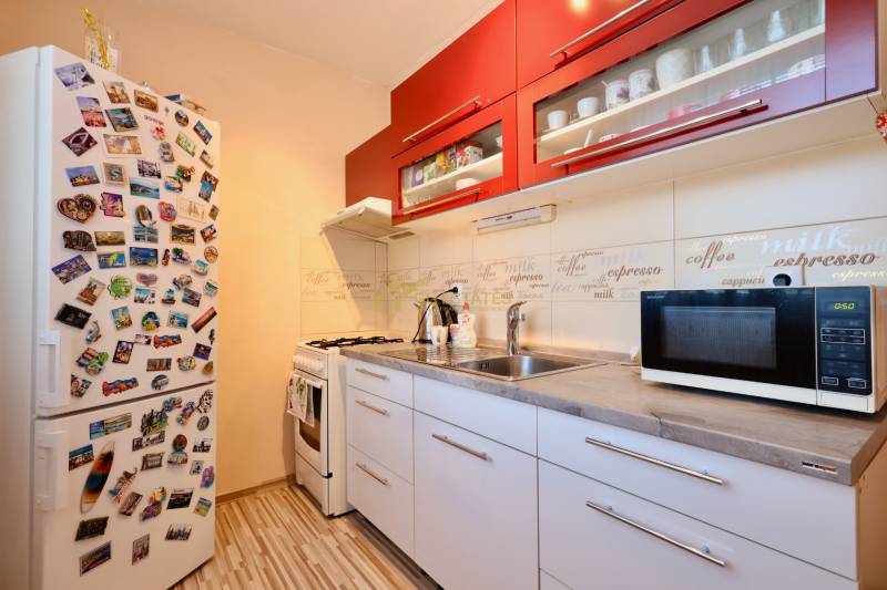 A kitchen with a white refrigerator, microwave, and red cabinets in a studio apartment.