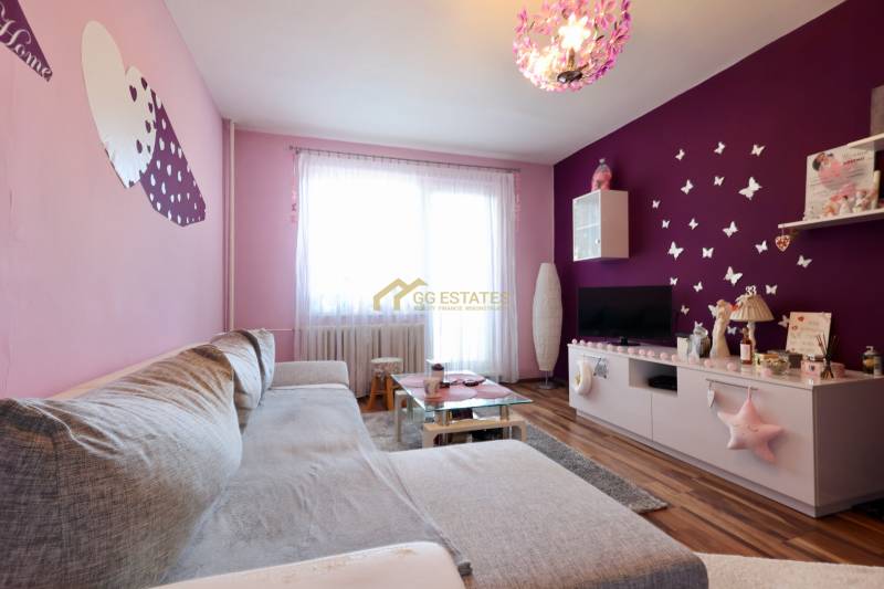 Living room in a studio apartment with a sofa, decorations, and wood-patterned flooring.