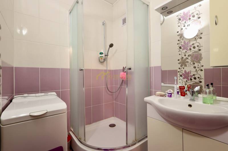 A bathroom in a studio apartment with a corner shower and a washing machine.