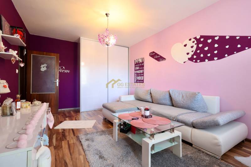 Living room in a studio apartment with a sofa, colorful walls, and a wooden-patterned floor.