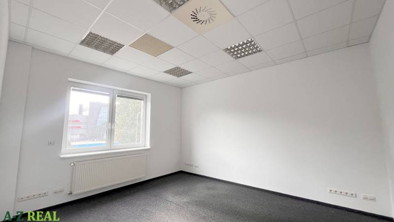 Office interior with white walls, a window, and carpeted flooring.