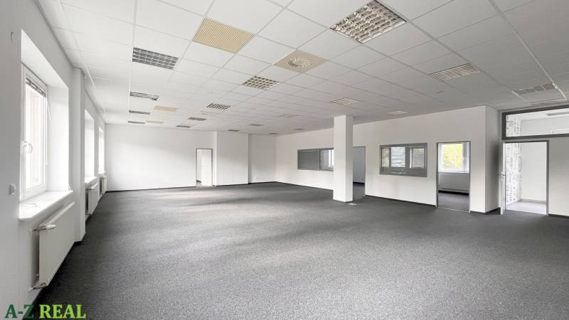Spacious offices with large windows and industrial-style flooring.