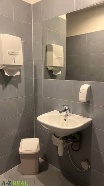 A small washroom with a sink, mirror, and dispensers on the wall in an office.