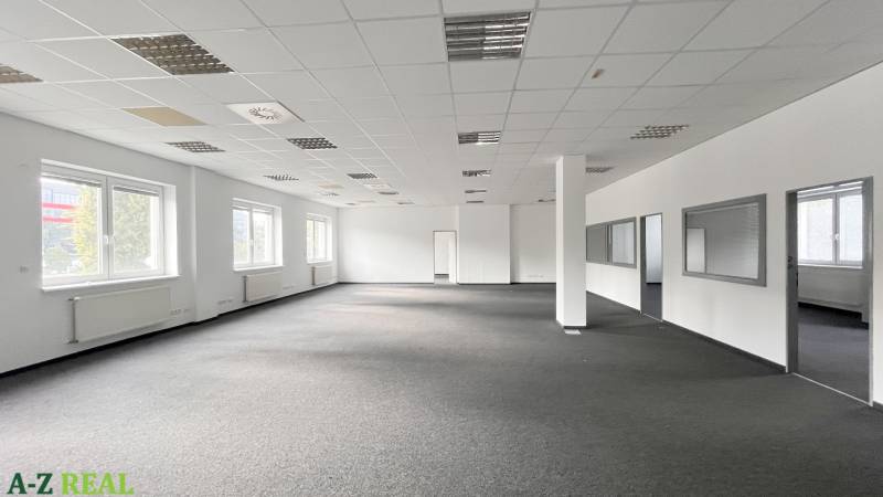 Offices with large windows, white walls, and partition walls.