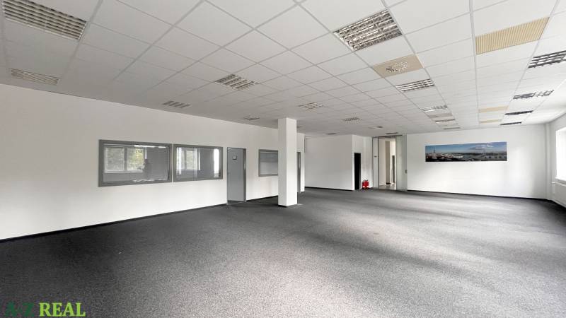 Offices with carpet flooring, white walls, and a suspended ceiling, without furniture.
