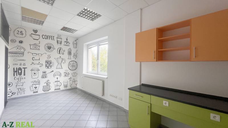 Offices with cartoon motifs on the wall, a green desk, and an orange cabinet.