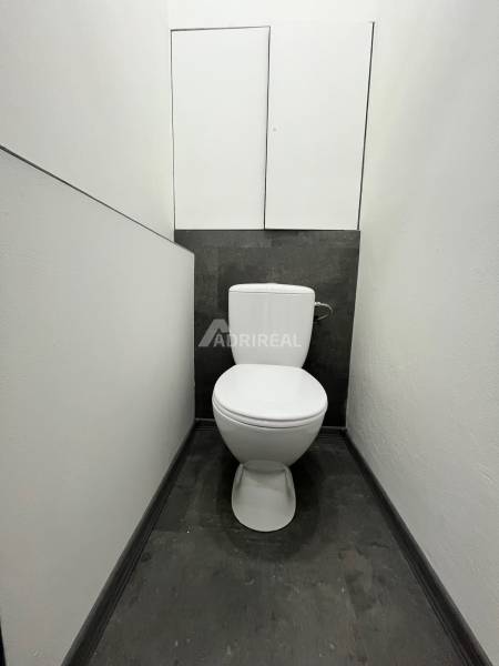 A toilet with a dark decor floor in a 3-room apartment.