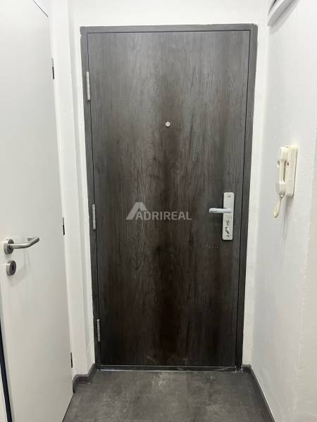 Entrance door in a 3-room apartment with a dark wood decor and white walls.