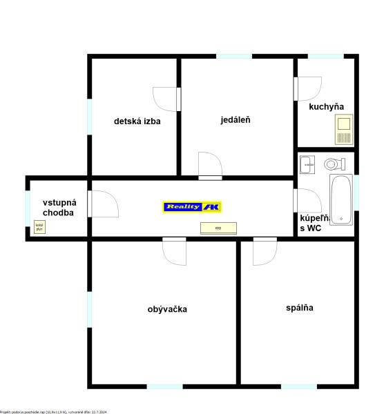Floor plan of a 3-room apartment with an entrance hallway, kitchen, living room, and bedroom.