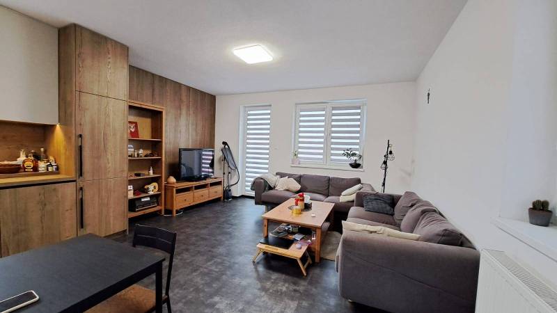 Living room in a two-room apartment with a wooden decor floor, sofa, and television.