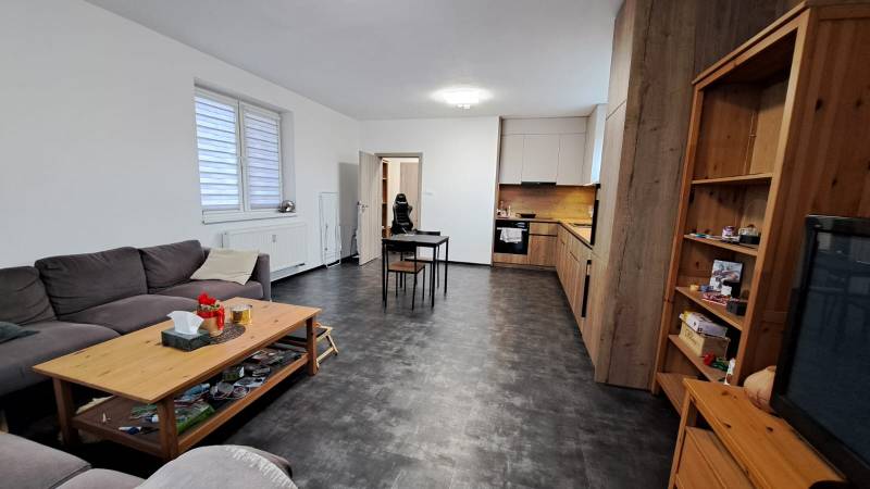 Living room in a two-room apartment with a wooden decor floor and a kitchenette.