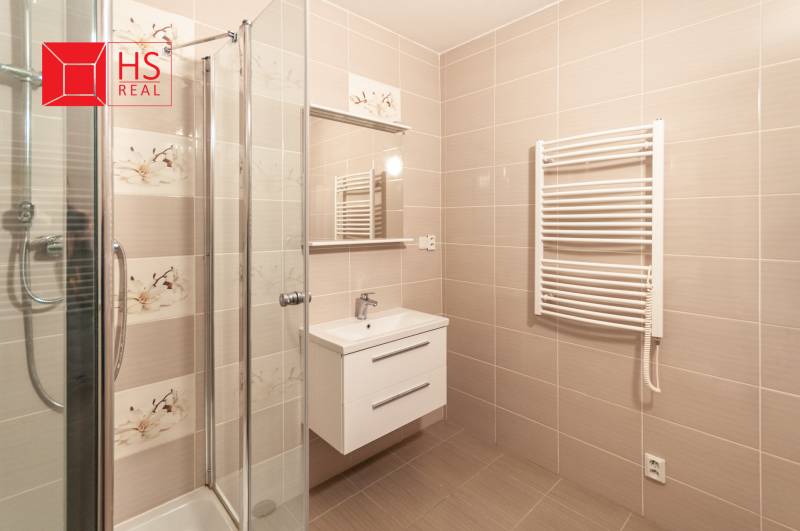 A bathroom in a 3-room apartment with a modern shower, mirror, and ladder radiator.