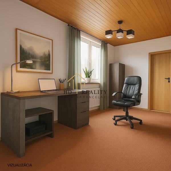 The interior of a study in a family house with a wooden ceiling, green curtains, and a black chair.