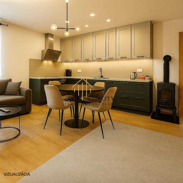 A kitchen with a corner unit, a dining table, and a stove in a family house.