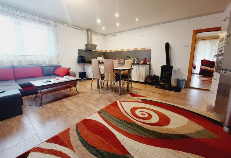 Living room in a family house with a kitchenette, sofa, and wooden decor flooring.