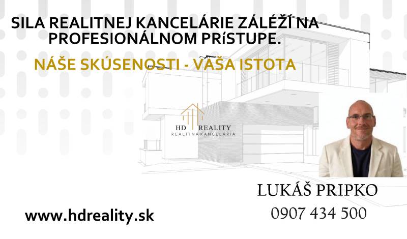 Real estate agency banner with slogan, contact, and building illustration.