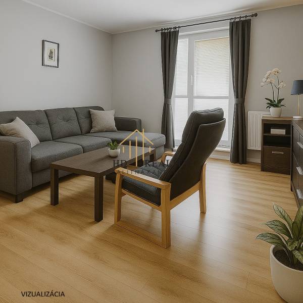 Living room in a family house with a comfortable couch and wooden decor flooring.