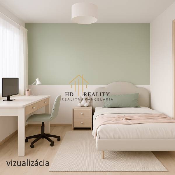 A bright room in a family house with a bed, a table, a green wall, and a wooden-patterned floor.