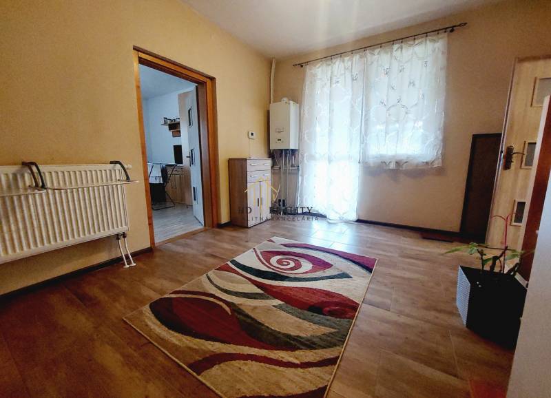 Interior of a family house with a wooden decor floor, carpet, and a bright window.