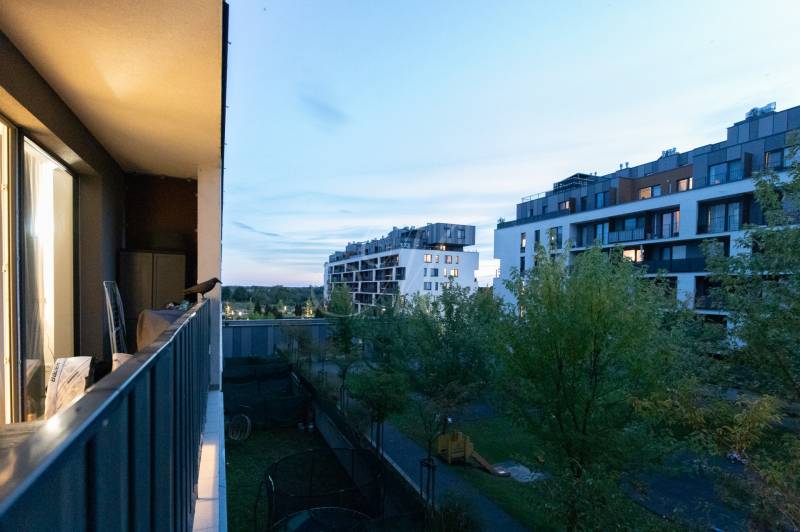 An evening view from the balcony of a housing estate in Bratislava, Petržalka, on Zuzana Chalupová Street.