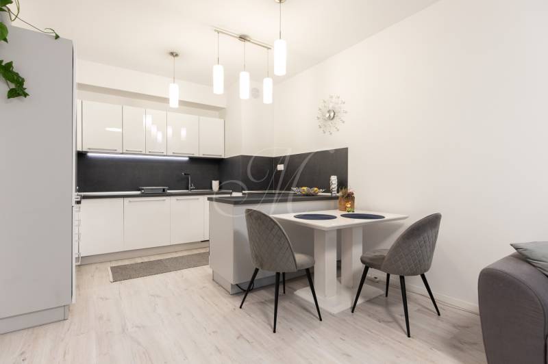 A kitchen in a 2-room apartment with white cabinets and a wooden decor floor.
