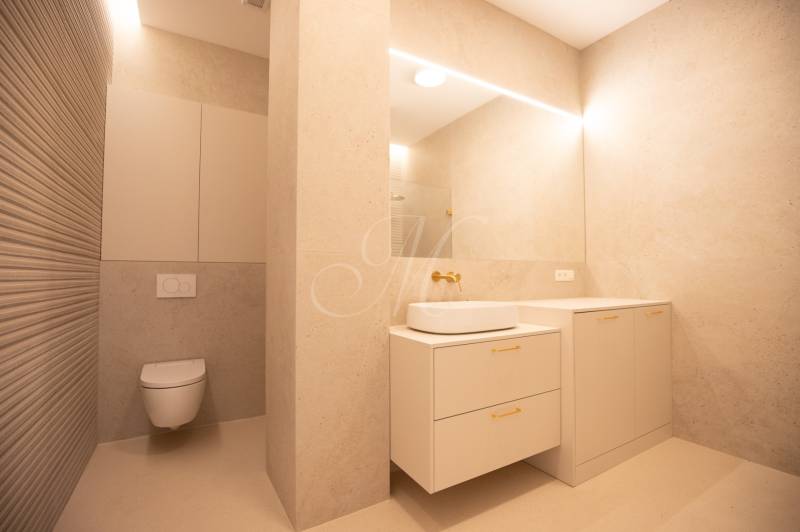 Bathroom in a 4-room apartment with a sink, storage cabinets, and a toilet.