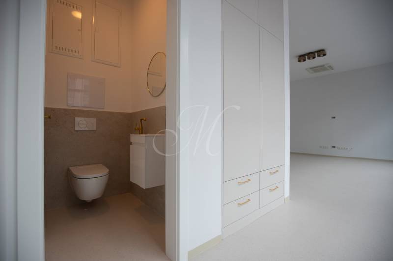 A bathroom with a sink, gold accessories, a toilet, and a white built-in wardrobe in a 4-room apartment.