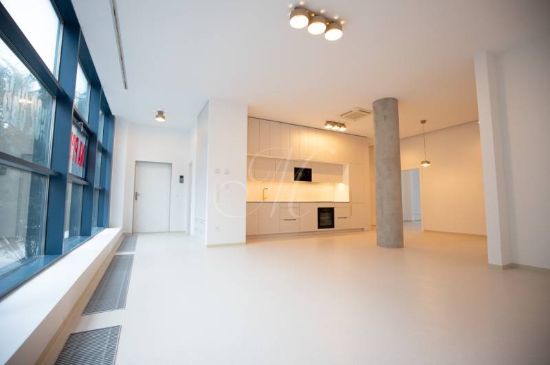 Spacious kitchen in a 4-room apartment with large windows and light flooring.